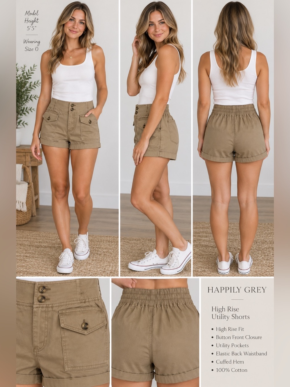 Happily Grey High Rise Utility Shorts Women Cuffed, Pocket Beige Khaki Size 0
